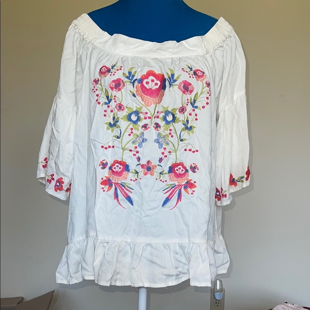 Umgee Pink and White Ruffled 3/4 Sleeve Blouse